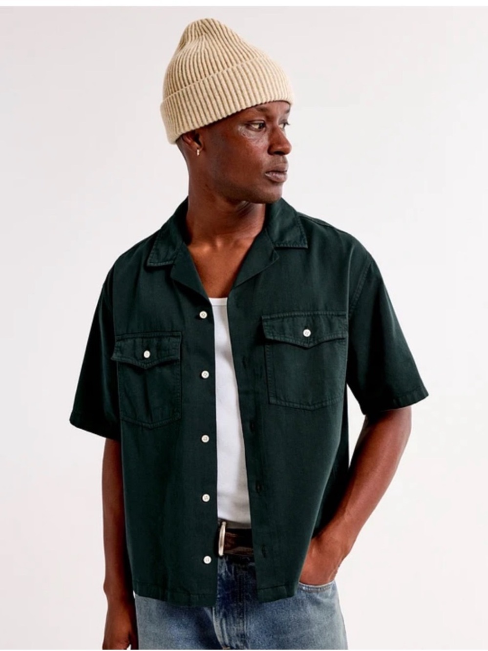 Abercrombie and Fitch x Guinness Cropped Button-Down Shirt in Dark Green
